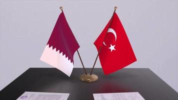 Qatar and Turkey flags at politics meeting. Business deal video