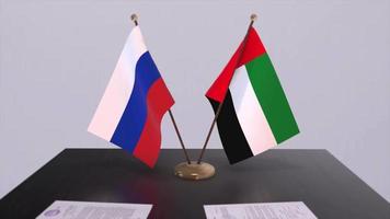 uae och ryssland nationell flagga, företag möte eller diplomati handla. politik avtal animering video