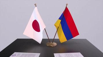armenia och japan nationell flaggor, politisk handla, diplomatisk möte. politik och företag animering video
