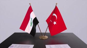 Iraq and Turkey flags at politics meeting. Business deal video