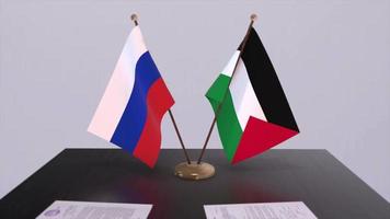 Palestina en Rusland nationaal vlag, bedrijf vergadering of diplomatie overeenkomst. politiek overeenkomst animatie video