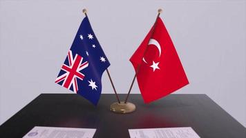 Australia and Turkey flags at politics meeting. Business deal video