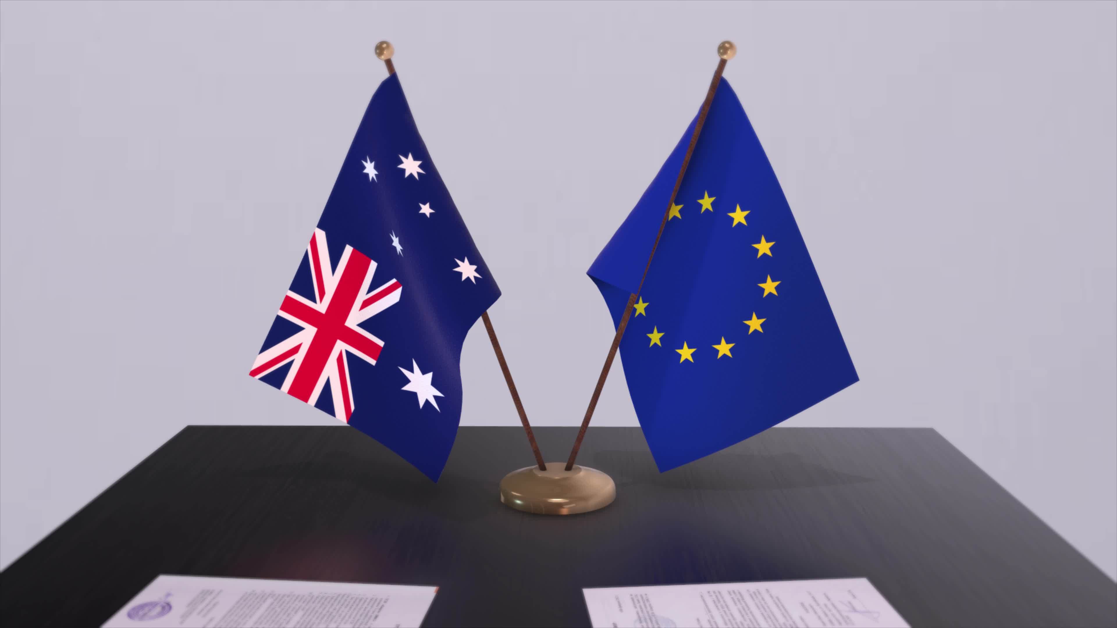 Australia and EU flag on table. Politics deal or business agreement with  country 3D animation 20118056 Stock Video at Vecteezy