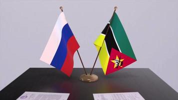 Mozambique and Russia national flag, business meeting or diplomacy deal. Politics agreement animation video