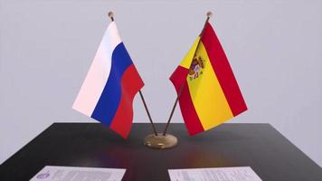 Spain and Russia national flag, business meeting or diplomacy deal. Politics agreement animation video