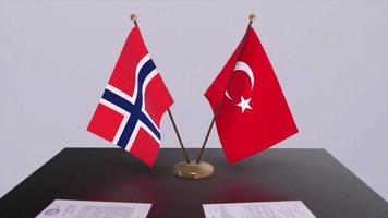 Norway and Turkey flags at politics meeting. Business deal video