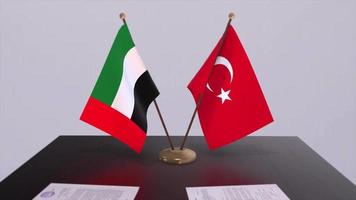 UAE and Turkey flags at politics meeting. Business deal video