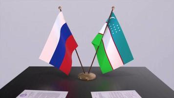 uzbekistan och ryssland nationell flagga, företag möte eller diplomati handla. politik avtal animering video