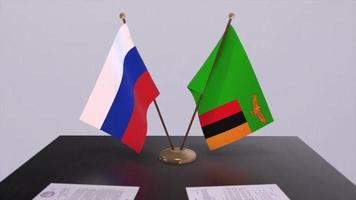 Zambia and Russia national flag, business meeting or diplomacy deal. Politics agreement animation video