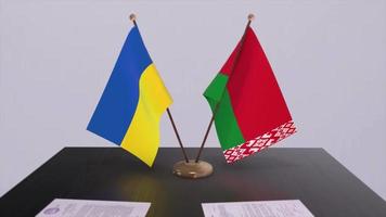 Ukraine and Belarus flags on politics meeting animation video