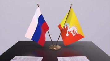 Butão e Rússia nacional bandeira, o negócio encontro ou diplomacia acordo. política acordo animação video