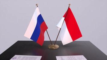 Indonesia and Russia national flag, business meeting or diplomacy deal. Politics agreement animation video