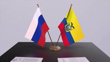 Ecuador and Russia national flag, business meeting or diplomacy deal. Politics agreement animation video