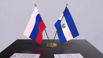 El Salvador and Russia national flag, business meeting or diplomacy deal. Politics agreement animation video