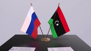 libyen och ryssland nationell flagga, företag möte eller diplomati handla. politik avtal animering video