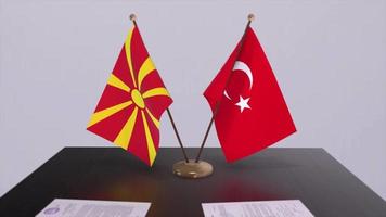 North Macedonia and Turkey flags at politics meeting. Business deal video