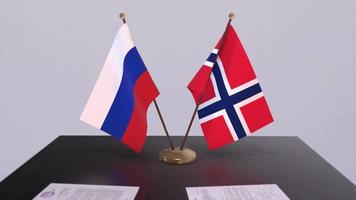 Norge och ryssland nationell flagga, företag möte eller diplomati handla. politik avtal animering video