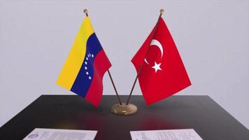 Venezuela and Turkey flags at politics meeting. Business deal video