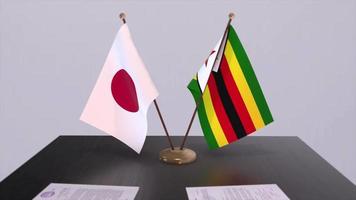 Zimbabwe and Japan national flags, political deal, diplomatic meeting. Politics and business animation video