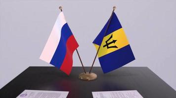 barbados och ryssland nationell flagga, företag möte eller diplomati handla. politik avtal animering video
