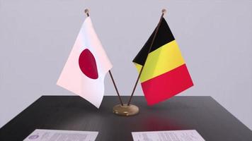 Belgium and Japan national flags, political deal, diplomatic meeting. Politics and business animation video