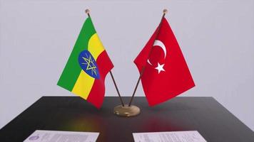 Ethiopia and Turkey flags at politics meeting. Business deal video