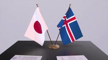 island och japan nationell flaggor, politisk handla, diplomatisk möte. politik och företag animering video