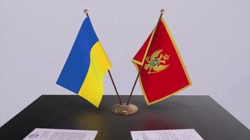 Ukraine and Montenegro flags on politics meeting animation video