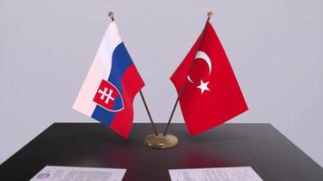 Slovakia and Turkey flags at politics meeting. Business deal video