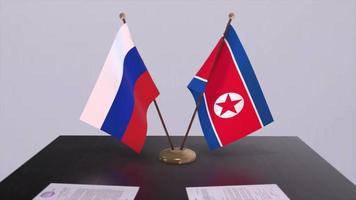 North Korea and Russia national flag, business meeting or diplomacy deal. Politics agreement animation video