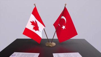 Canada and Turkey flags at politics meeting. Business deal video