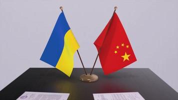 Ukraine and China flags on politics meeting animation video