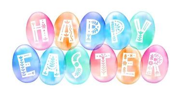 HAPPY EASTER typography with colorful watercolor eggs. Scandinavian lettering with floral ornament, patterns in folk ethnic style. Vector isolated brush stroke template for greeting card, banner.