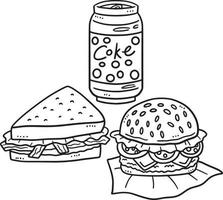 Cola, Burger, and Sandwich Isolated Coloring Page vector