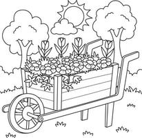 Wheelbarrow with Flowers Coloring Page for Kids vector