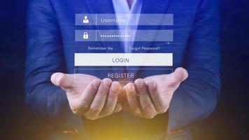 cyber security and Security password login online concept Hands typing and entering username and password of social media, login with online bank account, data protection hacker photo