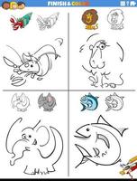 drawing and coloring worksheets set with comic animals vector