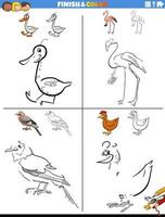 dibujo y colorante hojas de trabajo conjunto con cómic aves vector