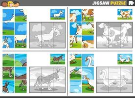 jigsaw puzzle game set with farm animal characters vector