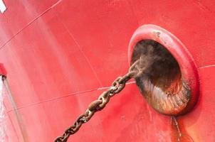 Red Ship Detail With big chain ,Ship staying at dock displays photo