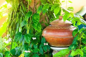 Old traditional clay jar used for water drink,Water jars of the ancient pot, terracotta amphora ,thai art style photo