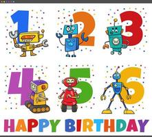 cumpleaños saludo tarjetas conjunto con dibujos animados robots caracteres vector