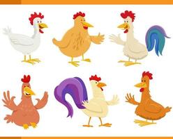 dibujos animados gracioso pollos granja animal caracteres conjunto vector