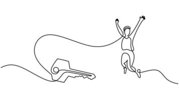 One line drawing of jumping man and big key on white background vector