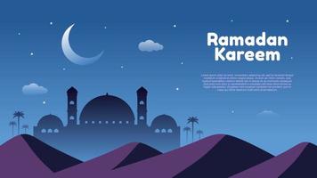 Ramadan kareem background with big mosque, moon and mountain at night, vector