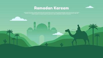 Ramadán kareem con mezquita, luna, bosque y personas en camello. vector