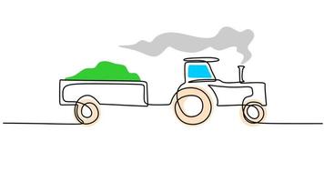 One line drawing of big tractor and train isolated on white background. Continuous single line minimalism. vector