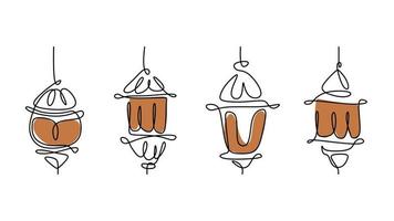 One line drawing of four lanterns isolated on white background. Continuous single line minimalism. vector