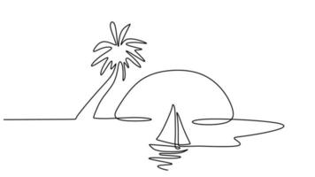 uno línea dibujo de puesta de sol playa y barco aislado en blanco antecedentes vector