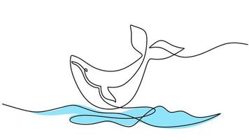 One line drawing of jumping whale isolated on white background vector